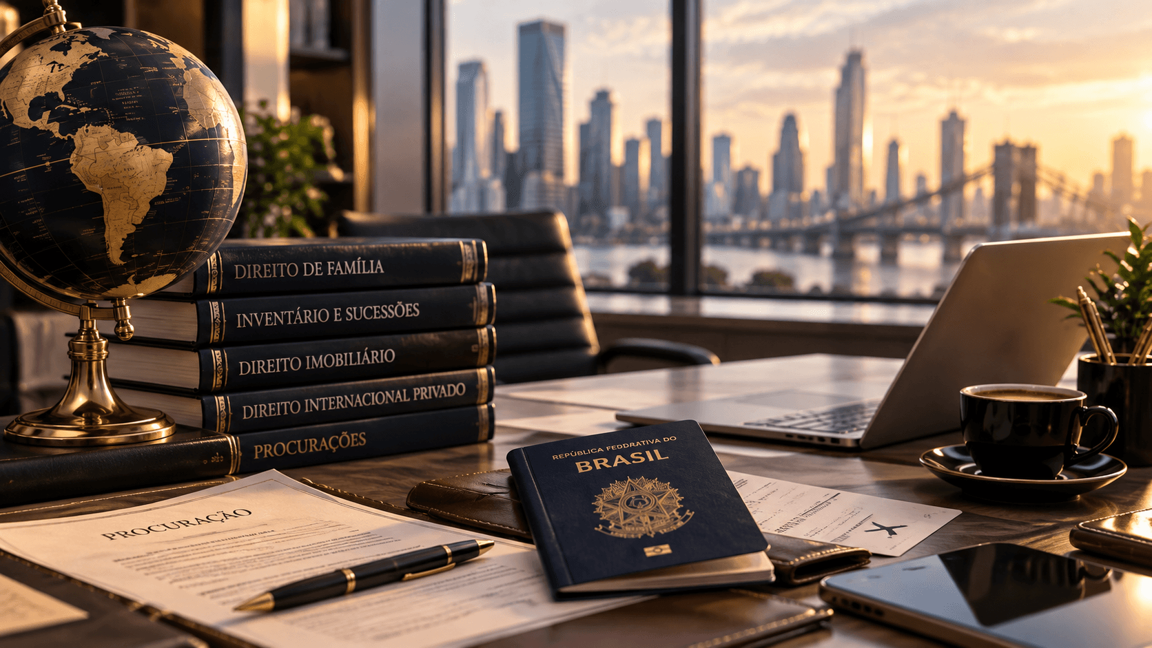 Imagem ilustrativa com passaporte brasileiro, livros de Direito e notebook junto a uma janela